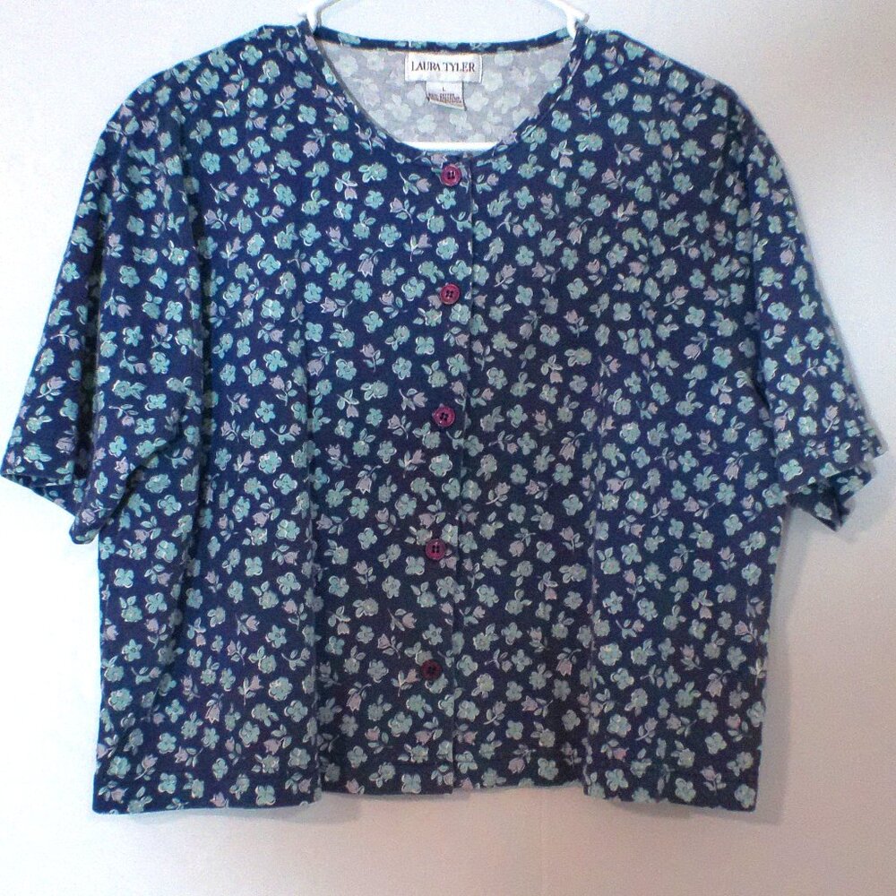 Laura Tyler Blue Floral Button Front Top Women’s Large Short Sleeve Cotton Blend